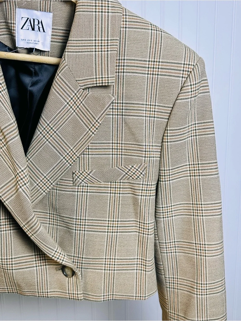 Zara Crop Blazer Jacket Plaid Tan Brown Boxy Blogger Preppy Business Casual S - Picture 13 of 16